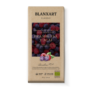 Chocolate Ecologico 72 Cacao Con Frambuesa Y Acai Blanxart Plant Based vegano Proveedor Distribuidor Espana Barcelona